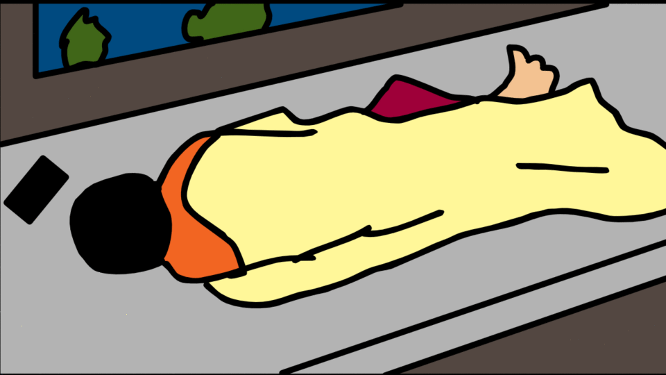 gif animation of man sleeping in a bus disturbed by pothole sleep paralysis hallucinations